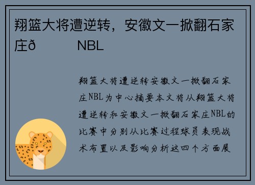 翔篮大将遭逆转，安徽文一掀翻石家庄🏀NBL
